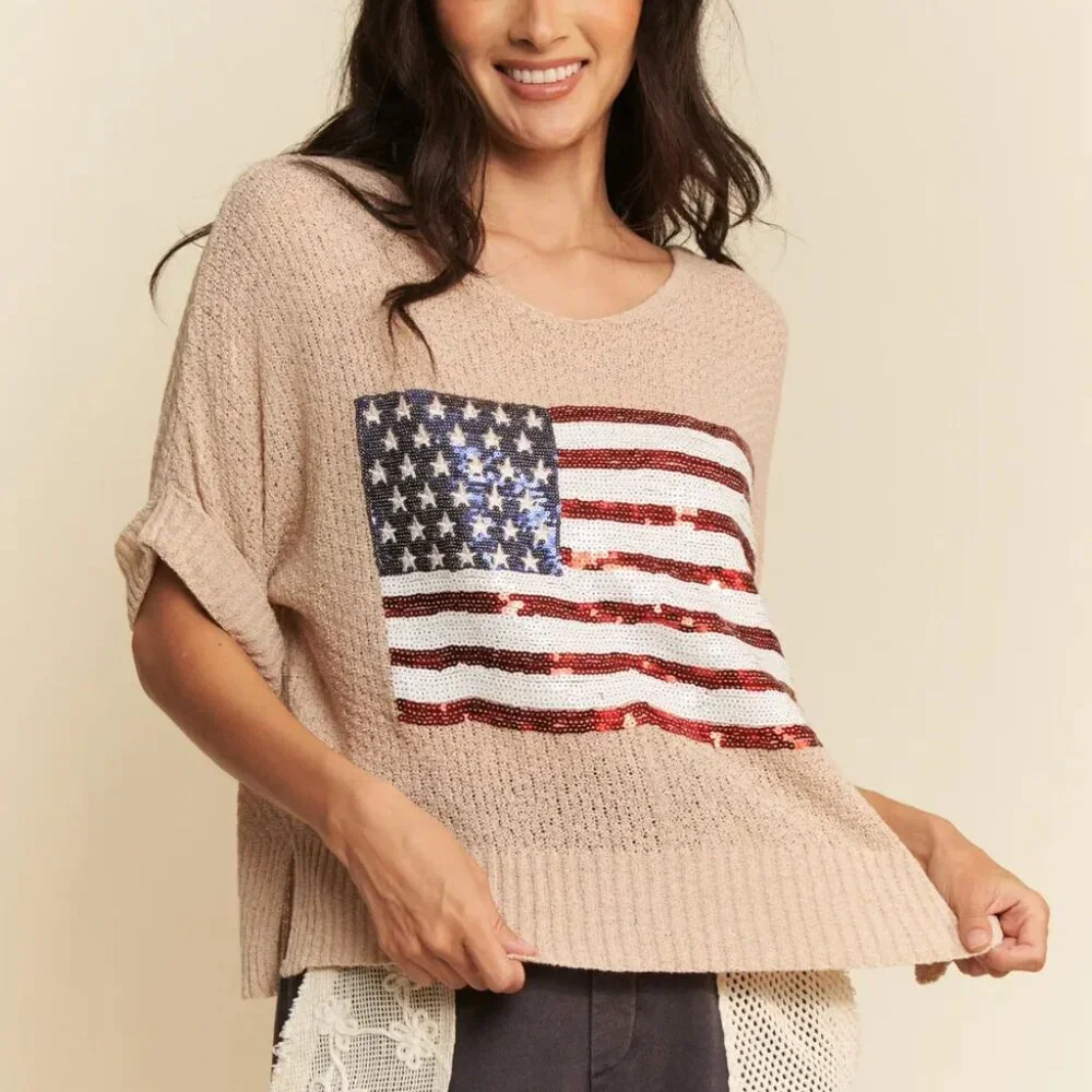 Davi & Dani Sequin‎ American Flag Patch Short Sleeve Knit Top - Picture 2 of 10